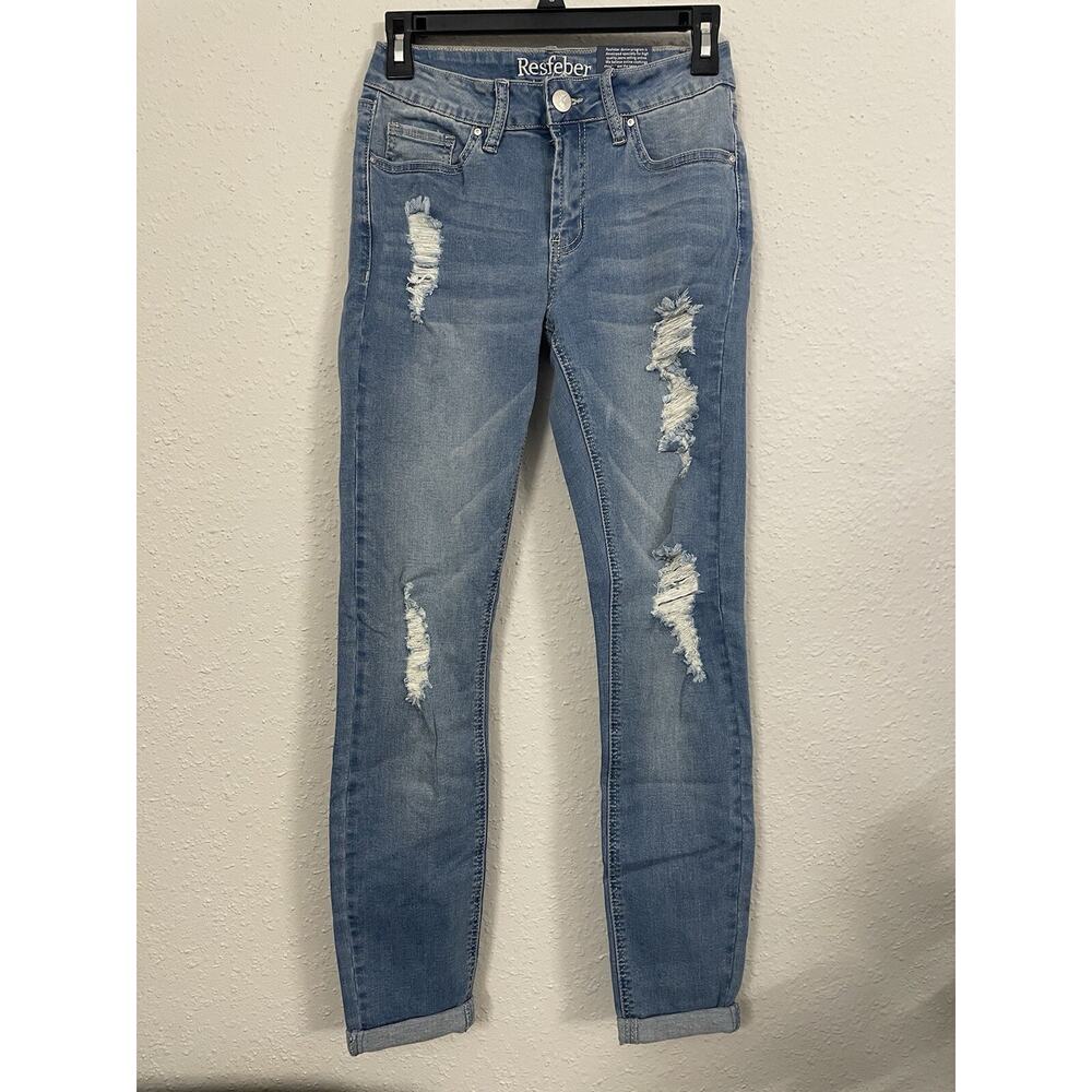 Resfeber Women's Skinny Rise Stretch DENIM BLUE RIPPED Distressed Size 4 NWOT